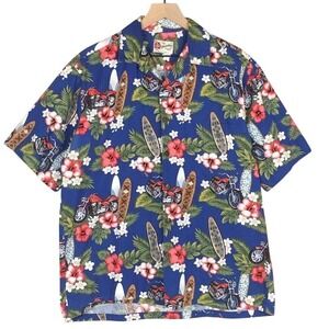 HILO HATTIE Hawaiian Aloha Shirt Men's L Blue Rayon Hibuscus Motorcycles Surf